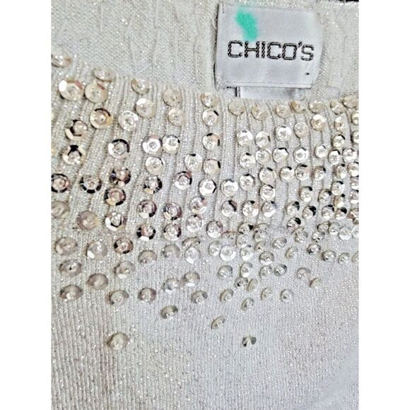Chico's 2 Sweater Silver Pullover Lightweight Metallic Beaded Stretch Long Slv - Picture 5 of 6